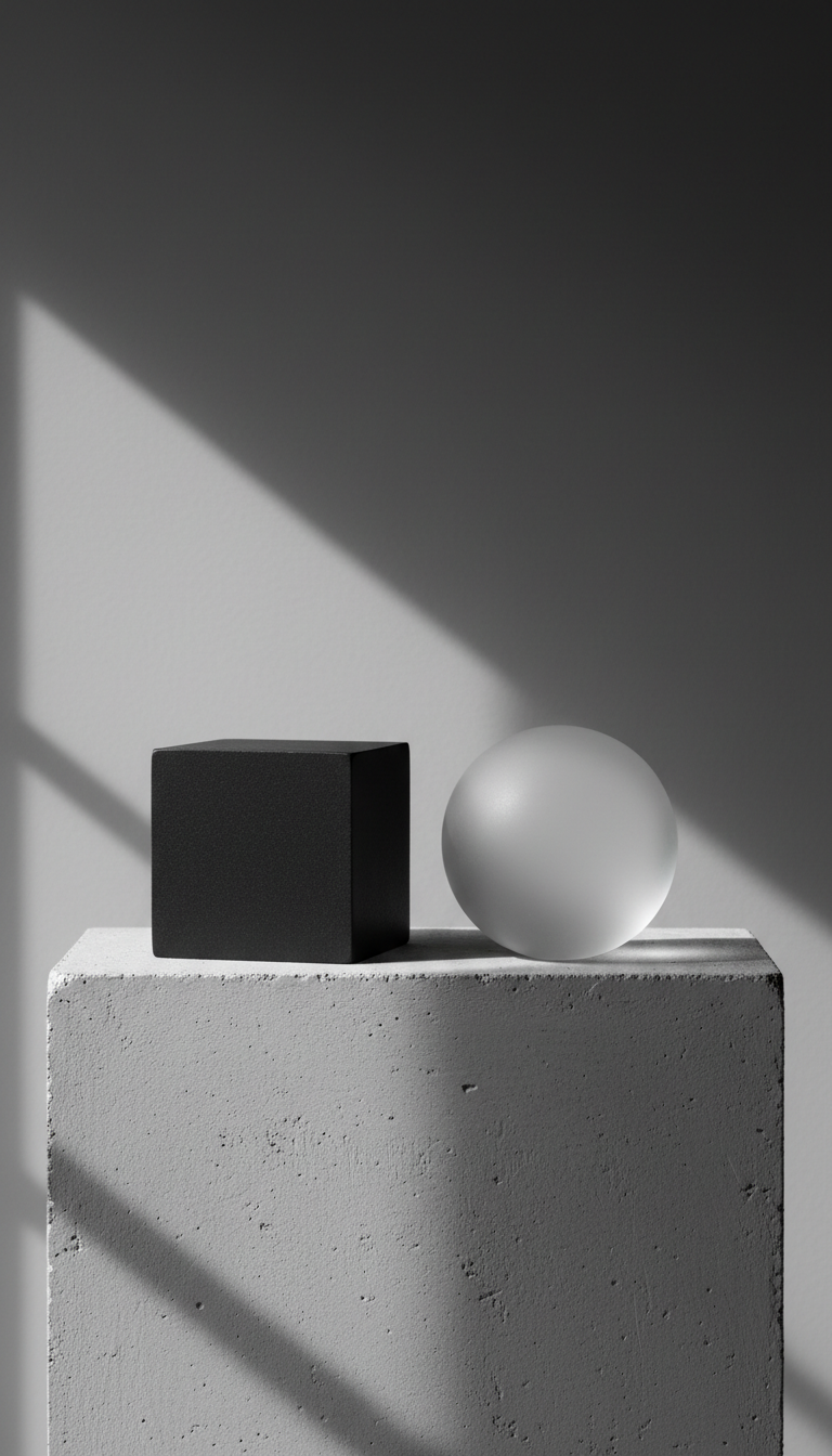 An elegant arrangement of two contrasting geometric shapes—a smooth matte-black cube and a translucent frosted glass sphere—resting side by side atop a soft gray concrete plinth. The background is minimal, featuring a subtle gradient of muted charcoal to silver-gray, emphasizing the play of form and material. Diffused natural light from a window at frame left gently highlights the transparent sphere’s edges, casting faint, overlapping shadows across the plinth. The composition is balanced and centered, viewed at eye-level for a contemplative mood that invites interpretation. Executed in photographic realism with a minimalist aesthetic, the image visually embodies themes of binaries, ambiguity, and the beauty of marginal spaces.