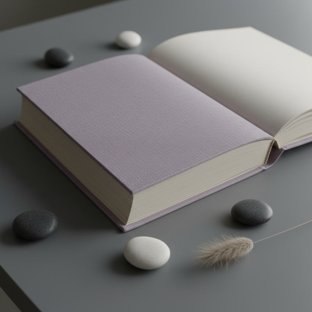 A close-up of an open hardcover book with a subtly textured, muted lavender cloth cover, its pages slightly fanned. Positioned on a sleek, matte slate desk, the book is surrounded by a few monochrome ceramic pebbles and a single dried grass stem, all arranged with careful asymmetry. Soft ambient lighting from above creates gentle gradients across the surfaces, producing delicate highlights on the cover’s woven threads. The mood is introspective and sophisticated, composed using shallow depth of field that blurs the objects at the desk’s edge. The style is minimalist and photographic, reinforcing the site’s focus on intellectual exploration and nuanced thinking.